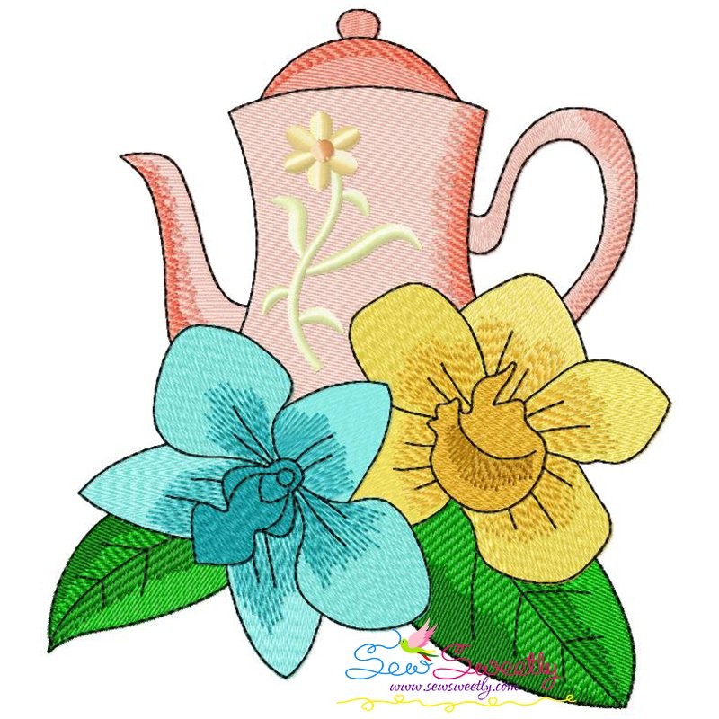 Teapot and flowers8 machine embroidery design for kitchen projects