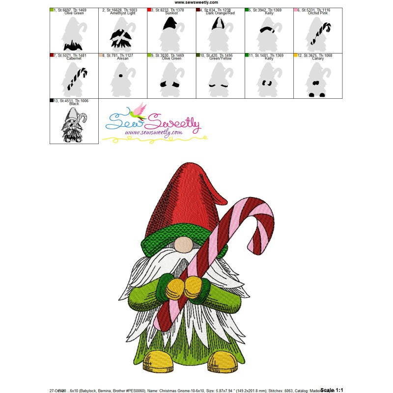 Christmas Gnome With Candy Cane Embroidery Design For Christmas