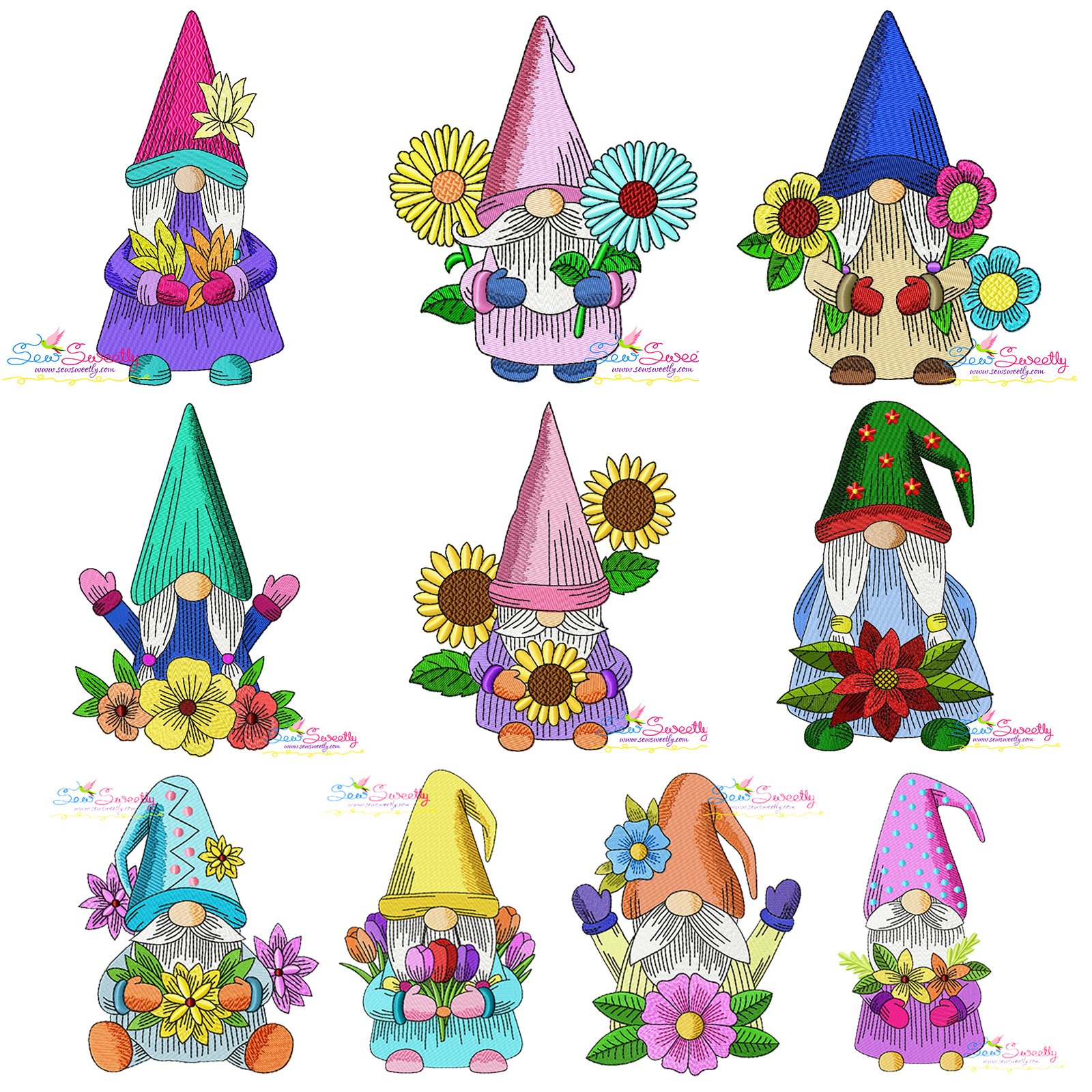 Gnomes With Flowers Embroidery Design Bundle For Machine Embroidery