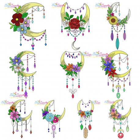 Dream Catcher Flowers And Moon Embroidery Design Bundle- Category- Floral Designs- 1