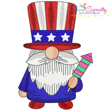 4th of July Patriotic Gnome Rocket Hat Embroidery Design Pattern