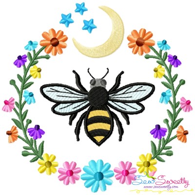 Bee Moon Floral Frame Embroidery Design For Pillow