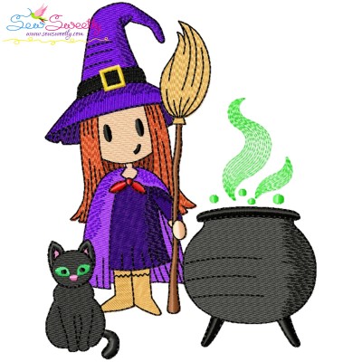 Halloween Cauldron Cat And Witch Embroidery Design