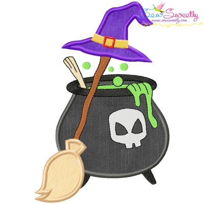 Halloween Cauldron Broom And Witch Hat Applique Design