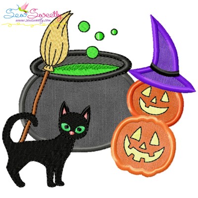 Halloween Cauldron Cat And Pumpkins Applique Design