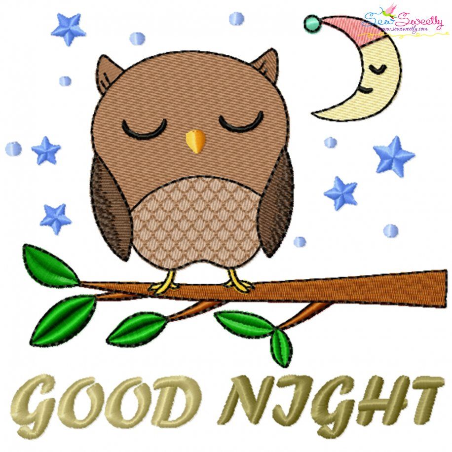 Good Night Owl Lettering Embroidery Design- Category- Quotes Sayings Lettering Designs- 1