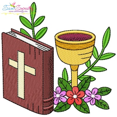 Chalice With Bible And Flowers Religious Embroidery Design Pattern-1