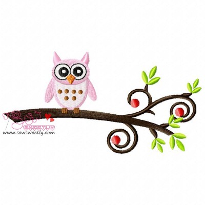 Pink Owl On Branch Embroidery Design
