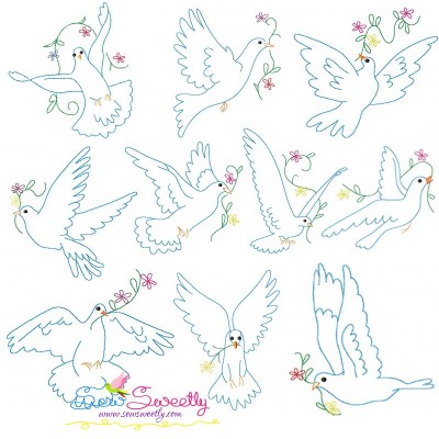 Vintage Redwork Pigeons Embroidery Design Bundle