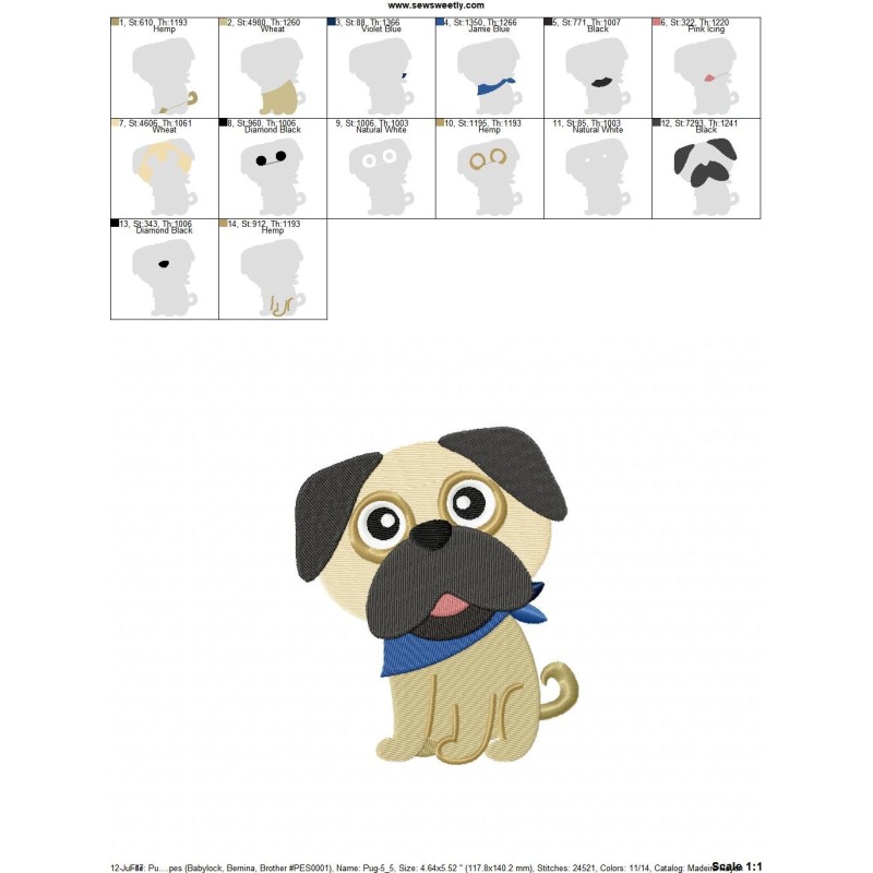Cute pug dog machine embroidery design for dog lovers