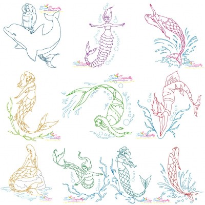 Vintage Stitch Mermaids Embroidery Design Bundle