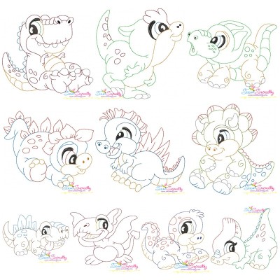 Vintage Stitch Baby Dinosaurs Embroidery Design Bundle-1