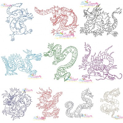 Vintage Stitch Chinese Dragons Embroidery Design Bundle-1