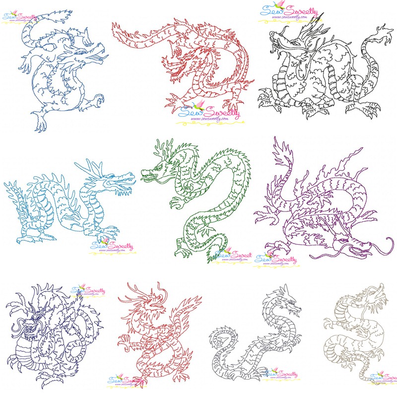 Dragon 4x4 and 5x5 Hoop- Instant Download Machine Embroidery Design- 3 Designs Pack Chinese Dragon  Embroidery
