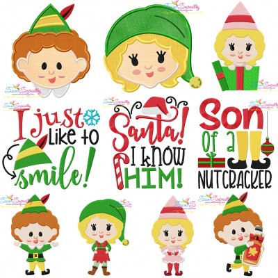 Christmas Elves And Lettering Embroidery Design Bundle