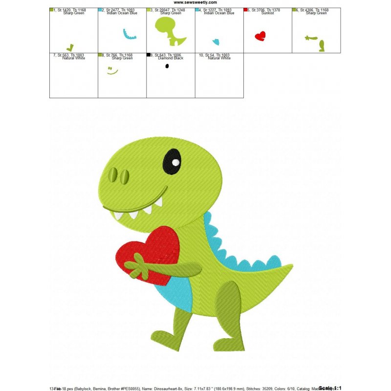 Dinosaur Heart Machine Embroidery Design For Valentine's Day