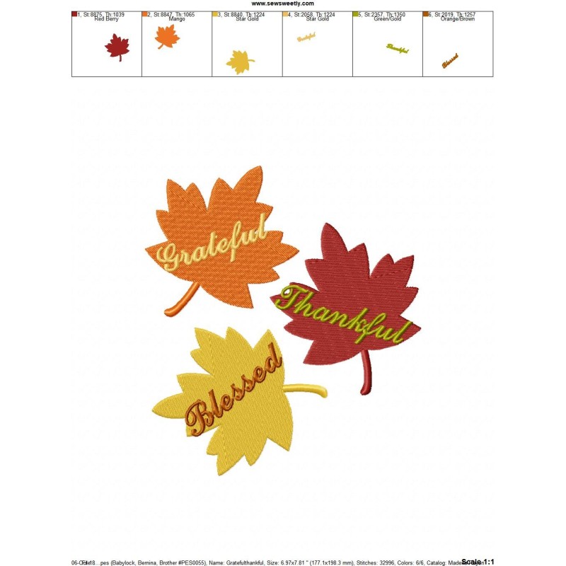 Grateful Thankful Blessed Leaves Embroidery Design For ...