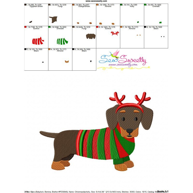Christmas Dachshund Dog Machine Embroidery Design