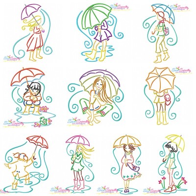 Girls and Umbrella Embroidery Design Bundle