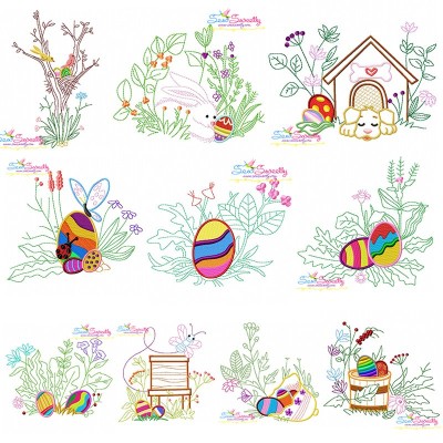Easter Eggs Hidden In The Garden Embroidery Design Bundle