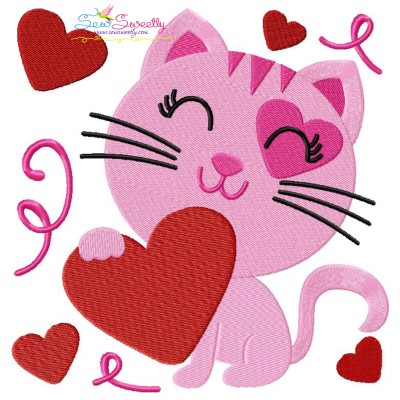 Valentine Heart Kitty Cat Embroidery Design