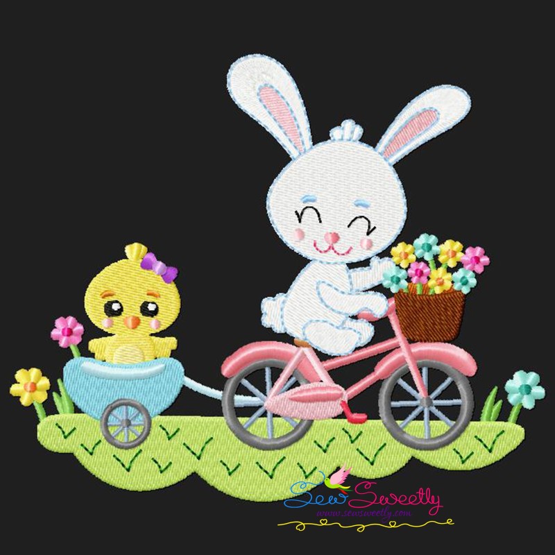 Easter bunny chick friends bicycle embroidery design for easter Easter bunny chick friends bicycle embroidery design for easter